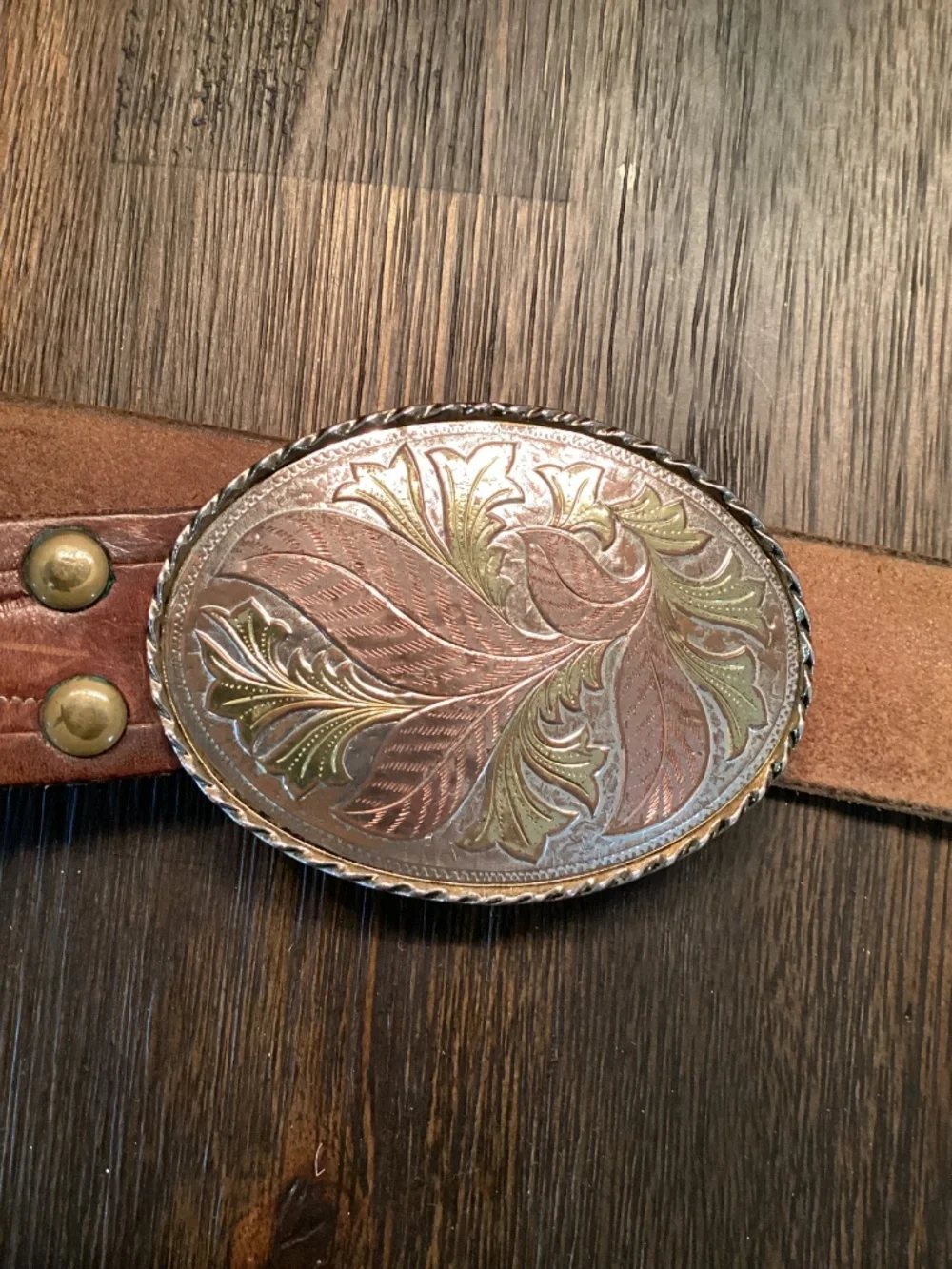 Vintage Wells W USA Tri-Tone Floral Filigree Western Belt Buckle & Leather Strap